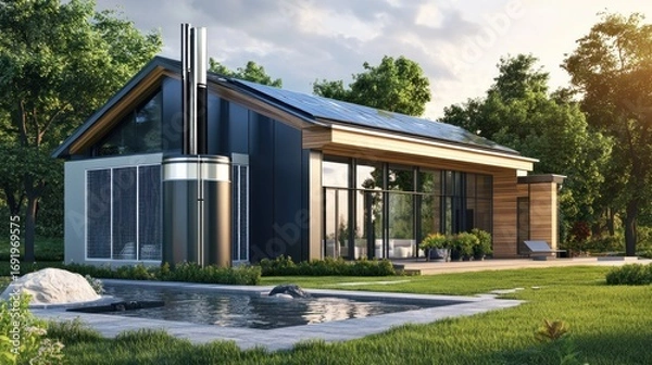 Fototapeta Modern home with solar panels, pool, and chimney in a sunny, green setting