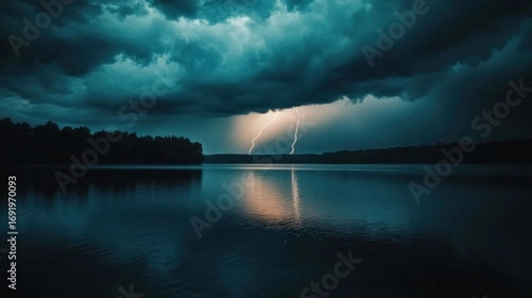 Fototapeta Moody lake scene under a stormy sky, with lightning illuminating the horizon
