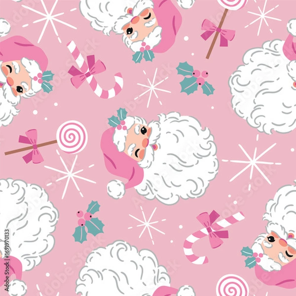 Fototapeta Seamless vector pattern with cute vintage Santa Claus head. Hand drawn retro Christmas pattern. Perfect for textile, wallpaper or nursery print design. EPS10 vector file.