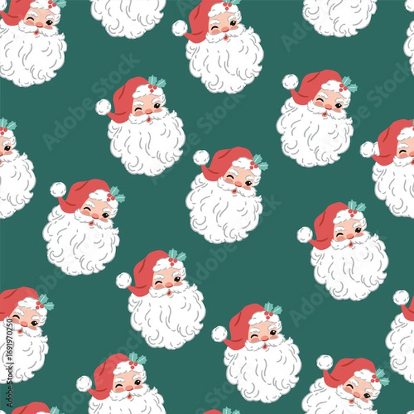 Fototapeta Seamless vector pattern with cute vintage Santa Claus head. Hand drawn retro Christmas pattern. Perfect for textile, wallpaper or nursery print design. EPS10 vector file.