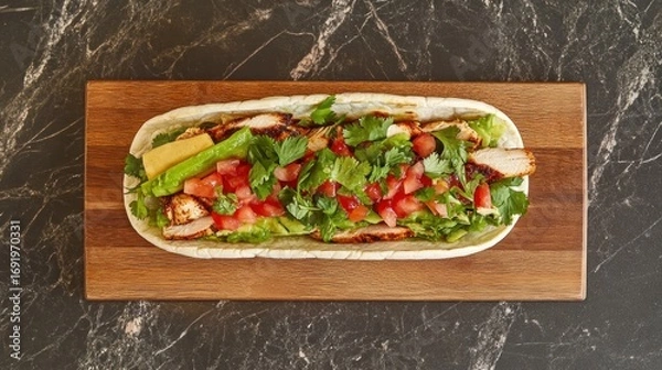 Fototapeta Overhead view of a toasted baguette sandwich with grilled chicken, tomatoes, and greens