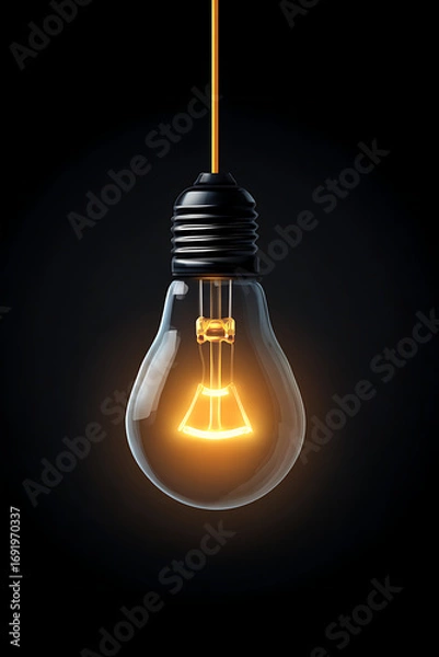 Fototapeta A glowing light bulb hanging against a dark background, illuminating its surroundings softly