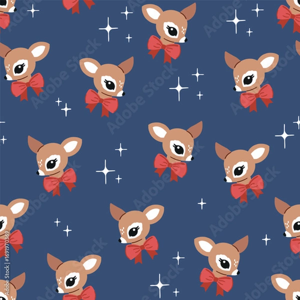 Fototapeta Seamless vector pattern with cute vintage Christmas deer head. Hand drawn retro Christmas fawn pattern. Perfect for textile, wallpaper or nursery print design. EPS10 vector file.