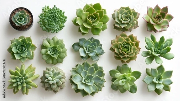Fototapeta Overhead view of various succulent plants arranged against a white background