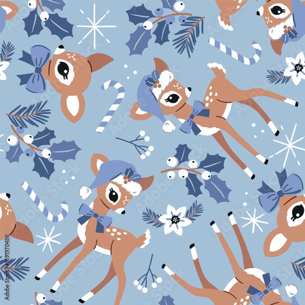 Fototapeta Seamless vector pattern with cute vintage Christmas deer and candy. Hand drawn retro Christmas fawn pattern. Perfect for textile, wallpaper or nursery print design. EPS10 vector file.