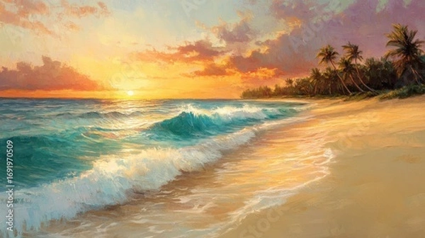 Fototapeta Painting of a tropical beach at sunset, with waves crashing on golden sand and palm trees