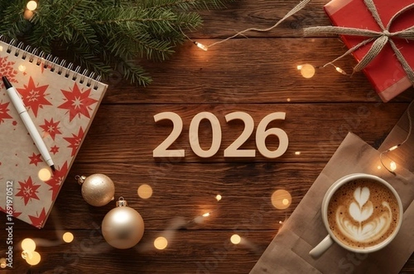 Obraz New Year 2026 celebration with festive decorations, gifts, ornaments, coffee, and holiday lights on wooden background – AI-Generated.