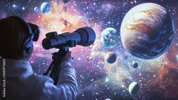 Fototapeta Person gazing through telescope at planets in swirling, colorful nebula