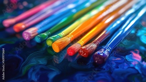 Fototapeta Rainbow-hued paintbrushes arranged over swirling, vibrant colors, suggesting artistic creation
