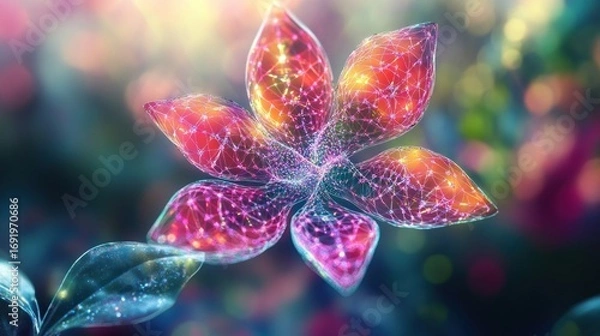 Fototapeta Radiant, digital flower blooms with intricate patterns and bokeh in a vibrant, colorful scene
