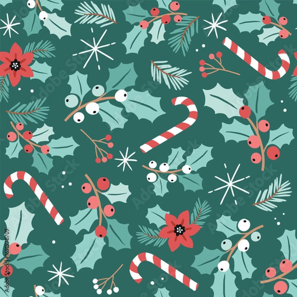 Fototapeta Christmas foliage, candy cane and poinsettia. Hand drawn winter ornament. Seamless vector pattern with for textile, wallpaper or nursery print design. EPS10 vector file.