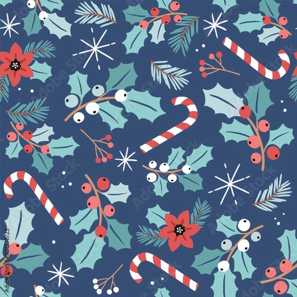 Fototapeta Seamless vector pattern with Christmas foliage, candy cane and poinsettia. Hand drawn winter ornament. Perfect for textile, wallpaper or nursery print design. EPS10 vector file.