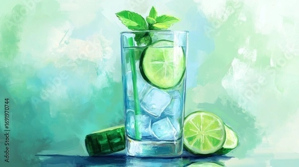 Fototapeta Refreshing drink in a tall glass, with ice, cucumber & lime slices, & mint sprigs