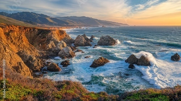 Fototapeta Rocky coastline at sunset, with cliffs meeting the ocean, and warm light
