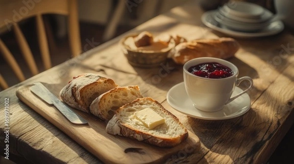 Fototapeta Rustic wooden table set with bread, butter, jam, baguette, and dishes. Warm light and shadow