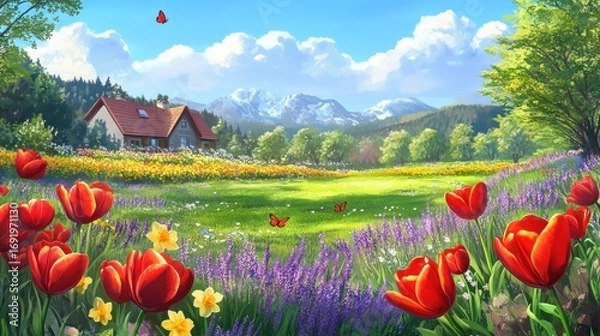 Fototapeta Scenic countryside illustration featuring a house, field of flowers, mountains, and butterflies