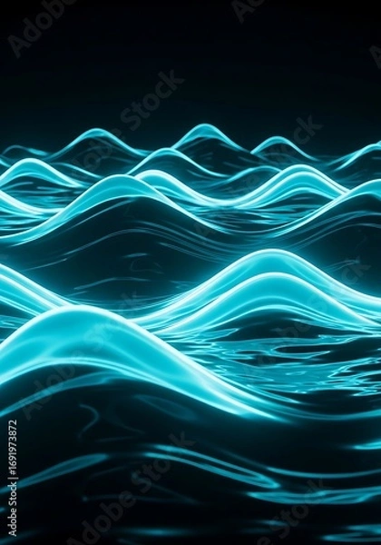 Fototapeta Luminous teal undulating waves against a contrasting dark background