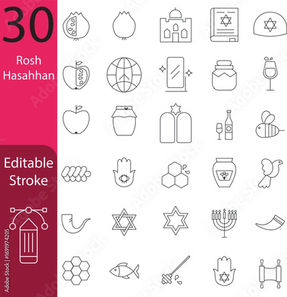 Obraz Rosh Hashanah line icon set, Jewish New Year symbols, editable stroke vector collection with pomegranate, apple, honey, shofar, Torah, Star of David, menorah, dove, fish, wine, globe, and traditional 
