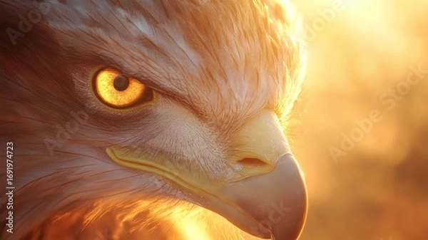 Fototapeta Majestic griffon close up with intense gaze in golden light, fantasy creature concept