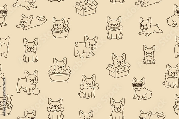 Fototapeta Seamless pattern of playful French bulldogs doing different things. Perfect for a design project.
