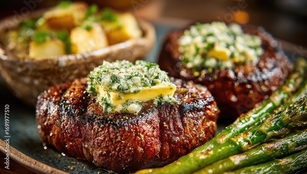 Fototapeta Grilled steak with butter, potatoes, and asparagus