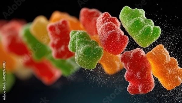 Fototapeta Colorful gummy bears in motion, sprinkled with sugar