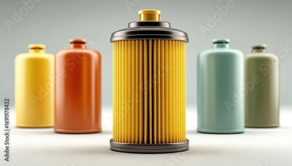 Fototapeta Four colored containers, one center filter