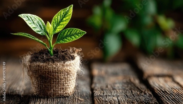 Fototapeta Young sprout in burlap pot on rustic wood