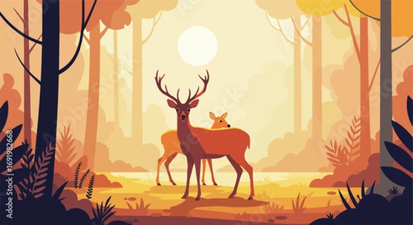 Fototapeta Deer family in autumn forest with tall trees and a bright sun in the background