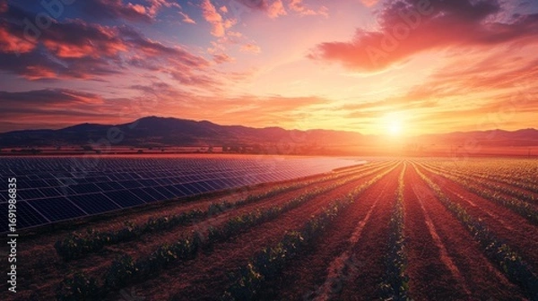 Fototapeta Sun setting over field, rows of crops and solar panels, mountain backdrop, vibrant sunset