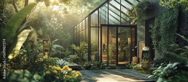 Fototapeta Sunlit glass conservatory nestled in a lush, tropical garden.  A stone patio connects the structure to surrounding greenery, bathed in morning light