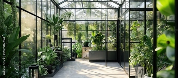 Fototapeta Sunlit greenhouse interior filled with lush, diverse tropical and other plants in various pots and containers, showcasing a modern glass and metal structure with a light-grey floor