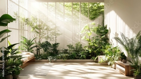 Fototapeta Sunlit interior space abundant with lush greenery, featuring a minimalist wooden bench and floor mat, surrounded by various potted plants against a bright white wall and large window