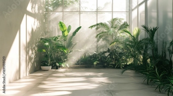 Fototapeta Sunlit interior space with various potted tropical plants, positioned near a large glass window, casting shadows on the light-colored floor and walls.  A hazy, atmospheric effect is present