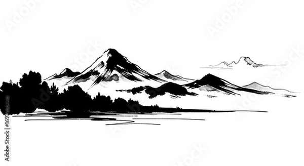 Fototapeta Artistic Japanese mountains painting style in monochrome watercolor with transparent background