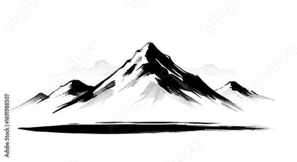 Fototapeta Classic Japanese zen painting of layered mountain ranges in black watercolor style with transparent background