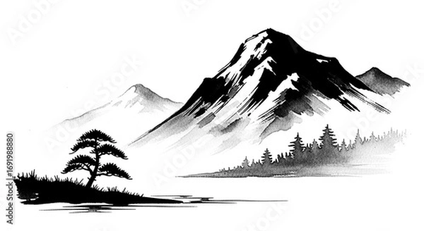 Fototapeta Expressive Japanese ink wash watercolor Mountain painting in black and white with transparent background