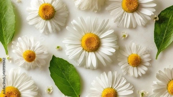Fototapeta 新鮮なデイジーの花を円形にアレンジし、白い花びらと黄色い中心を自然光で際立たせています。