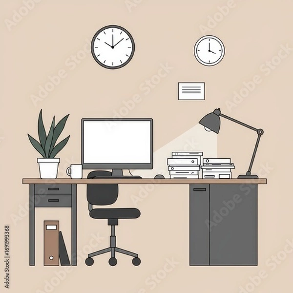 Fototapeta Modern Home Office Workspace with Computer and Desk Lamp.