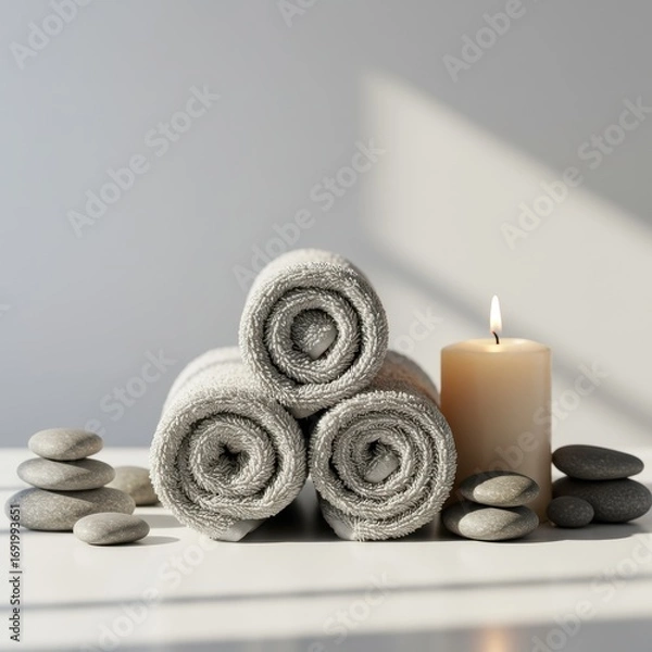 Fototapeta Spa and wellness scene with rolled towels lit candle and smooth stones.