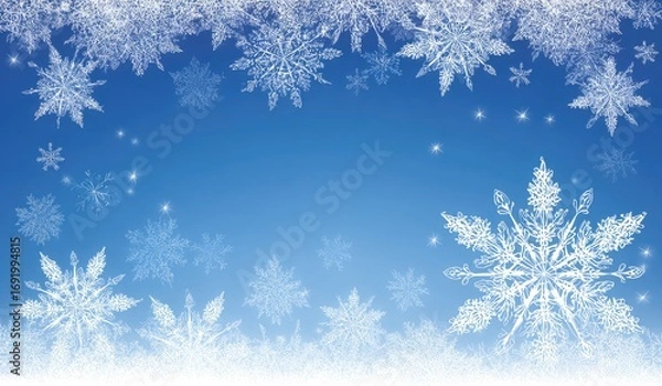 Fototapeta Frosted windowpane with intricate snowflakes against a blue sky