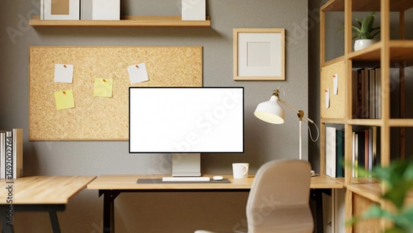 Fototapeta 3D rendered modern home office with computer monitor, corkboard, bookshelves, and desk lamp