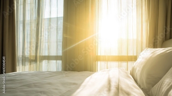 Obraz 朝日が差し込むエレガントなホテルのベッドルーム。きちんと整えられたベッドと薄手のカーテンが落ち着いた雰囲気を醸し出しています。