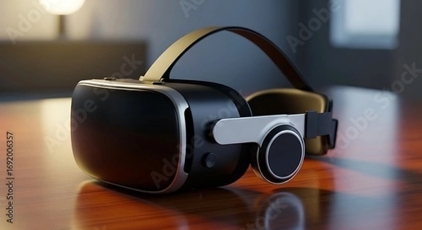 Fototapeta Virtual Reality Headset on Wooden Table - Immersive Technology Experience.