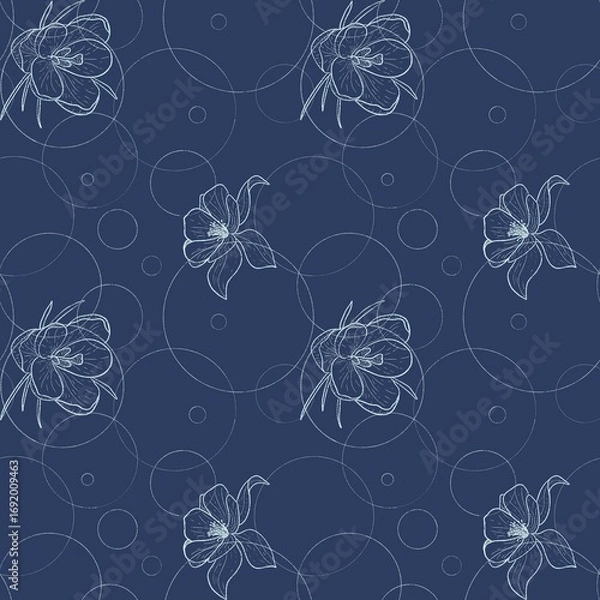 Obraz seamless pattern of flowers and circles with a white outline on a blue background