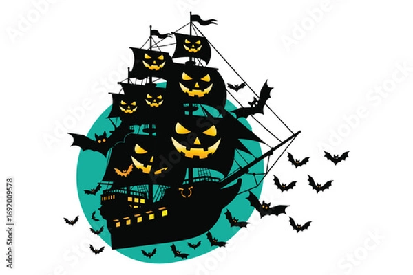 Fototapeta Vector art of silhouette of a haunted pirate ship with jackolantern faces on sails and bats flying around