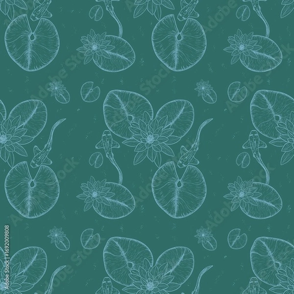 Obraz seamless pattern of water lily flowers and leaves with fish in black outline on a green background