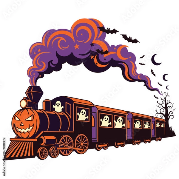 Fototapeta Vector art of halloween train with pumpkin face and ghosts, smoke with bats and moon
