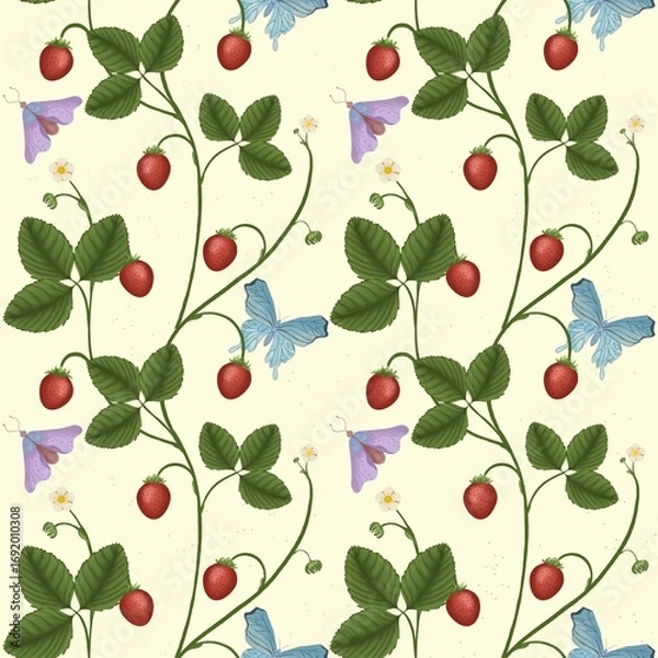 Obraz seamless pattern of strawberry branches with leaves and berries and butterflies on a light background 