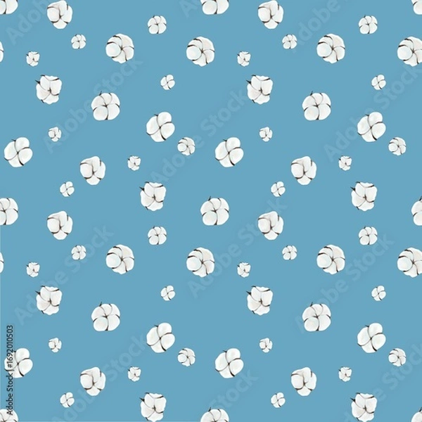 Obraz Seamless pattern of cotton flowers on a blue background